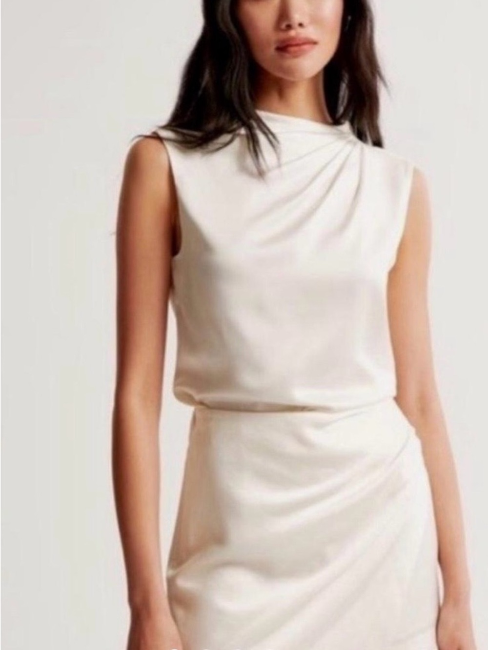 Abercrombie & Fitch Satin Sleeveless Draped Mini Dress in Cream - Picture 1 of 4
